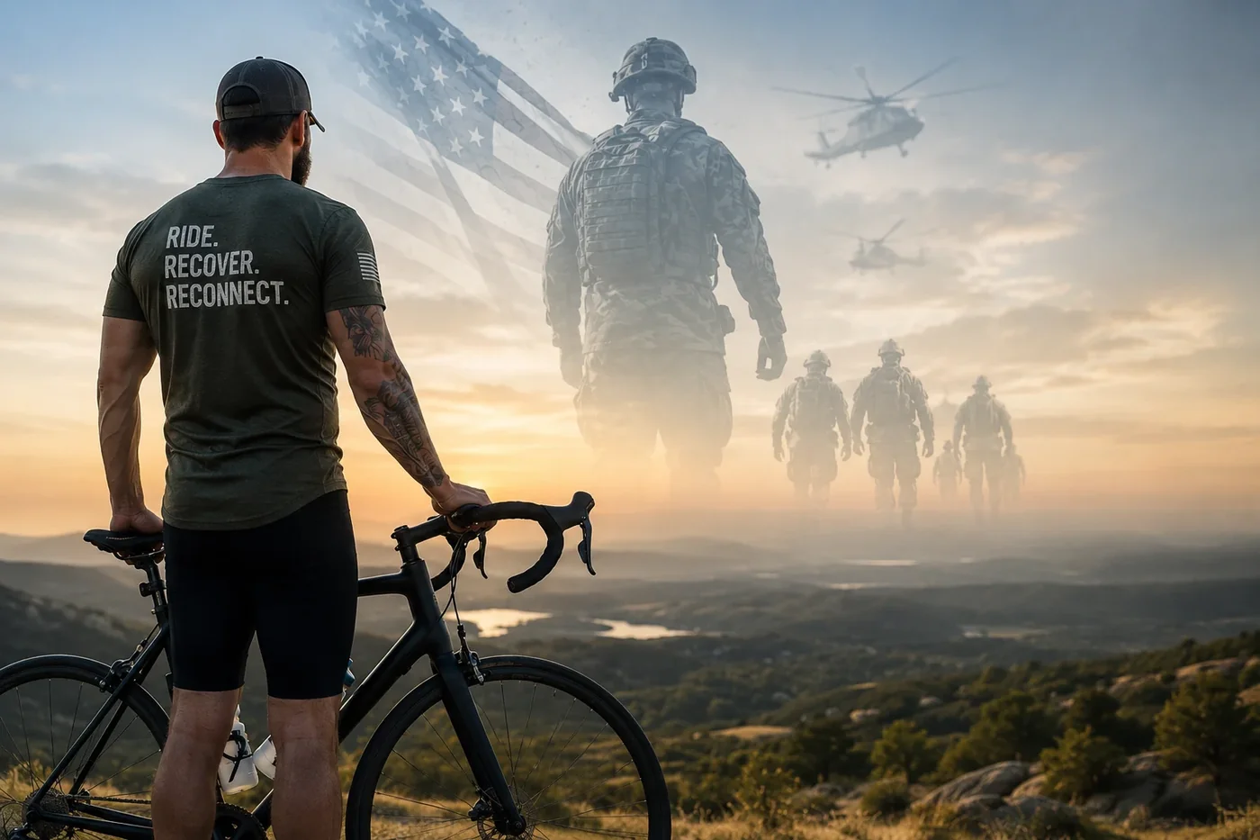 Veteran with bicycle at sunset
